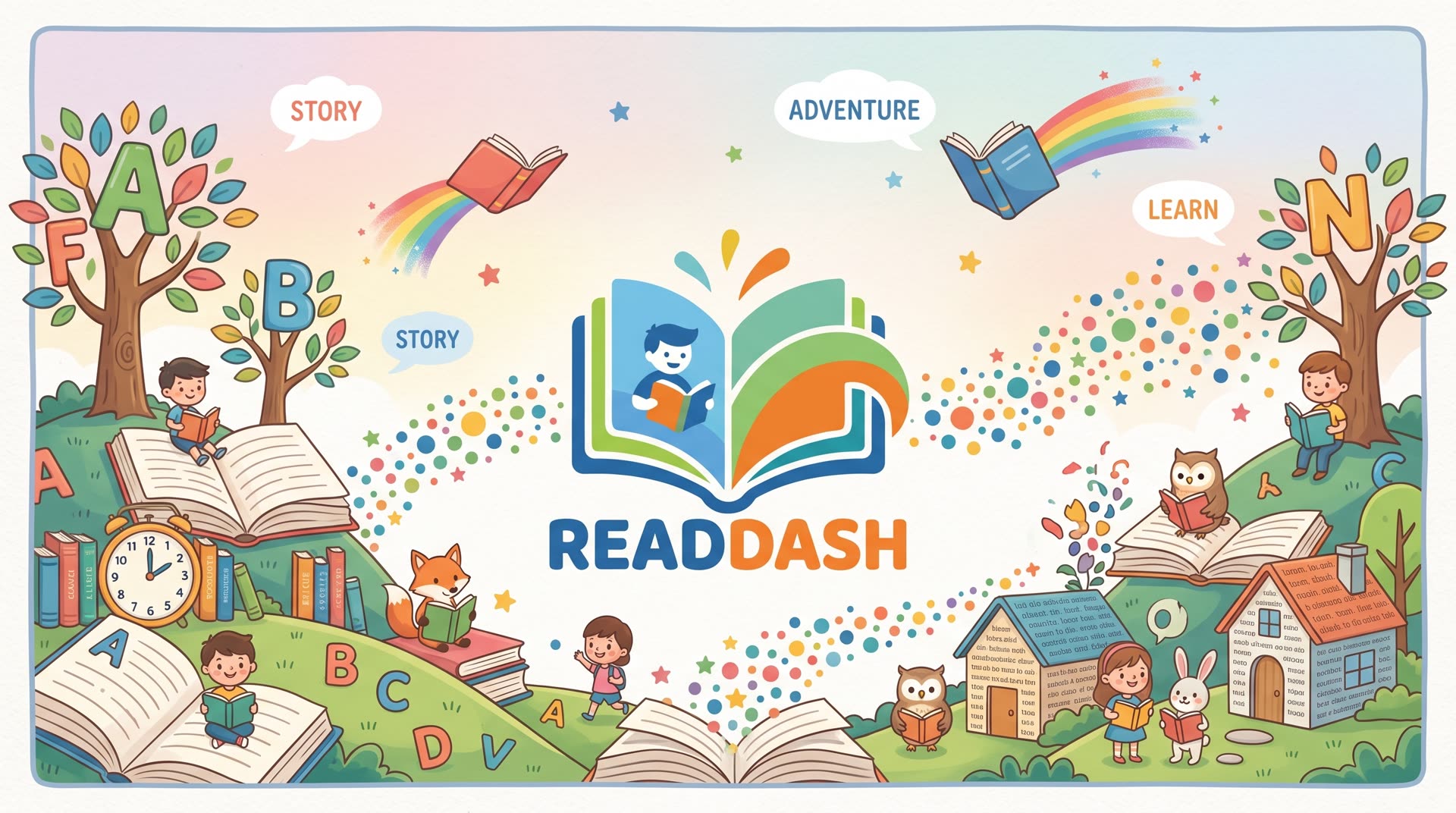 ReadDash — children reading under alphabet trees